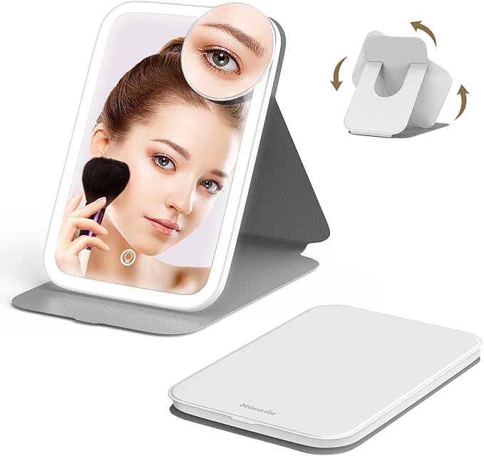 Mocado Travel Makeup Mirro with Lights, 360° Rotation Lighted Makeup Mirror, Portable Mirror with 10x Magnification, 60LEDs 3 Color Lightings, Dimmable Touch Screen, Tabletop Light up Mirror(White)