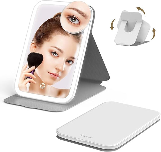 Mocado Travel Makeup Mirro with Lights, 360° Rotation Lighted Makeup Mirror, Portable Mirror with 10x Magnification, 60LEDs 3 Color Lightings, Dimmable Touch Screen, Tabletop Light up Mirror(White)