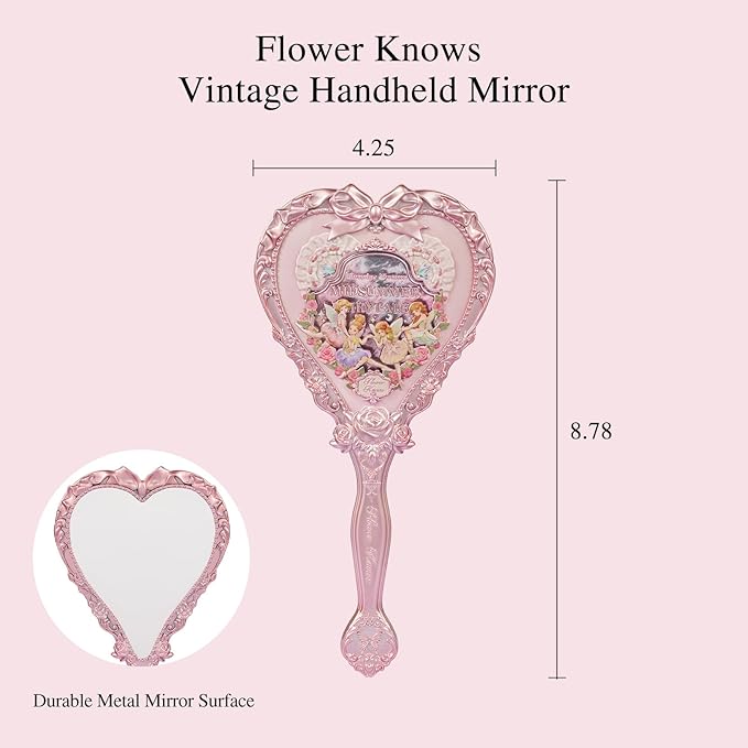 Flower Knows Strawberry Rococo Hand Mirror,Portable Vintage Handheld Mirror,Durable Metal Mirror,Cute & Aesthetic Princess Mirror,with Long Handle for Easy Holding,Gift for Girls(Milky Pink)