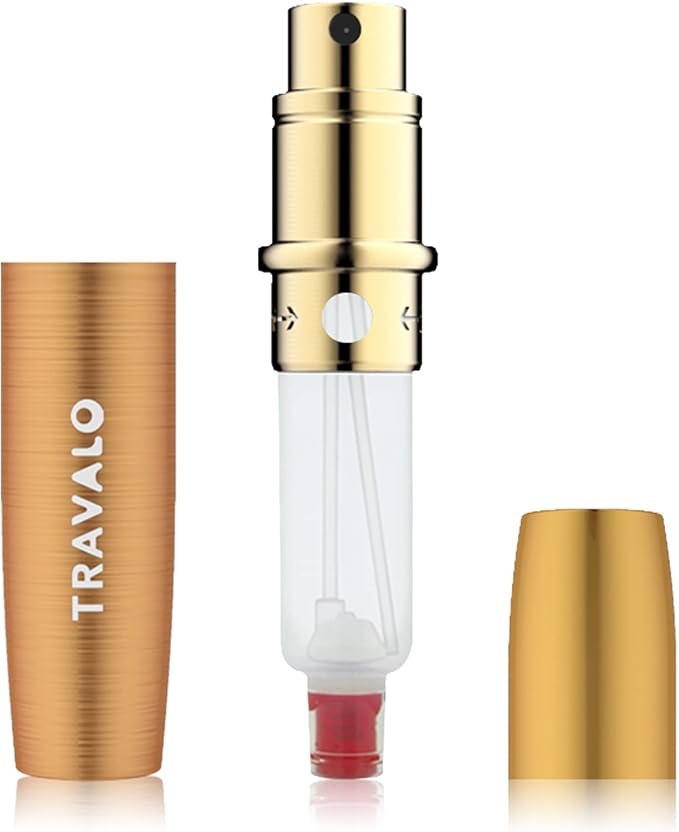 Travalo LUX Perfume Atomizer | Travel Refill U-Change System TSA Approved | Reusable Airtight Easy Fill Mini Pump Sprayer | Lightweight Portable | Brushed Polished Metal Alloy Outer Shell Gold 0.17oz