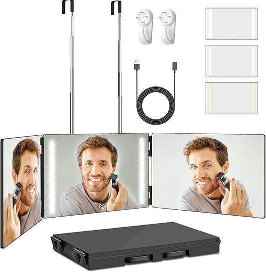 UHdod 3 Way Mirror for Self Hair Cutting with LED Lights, Rechargeable Self Cut 360 Barber Mirror for Haircuts for Men Weman Shaver, Makeup, braiding, Hair Styling