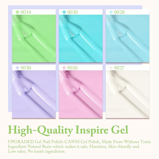 CANNI Gel Nail Polish Set, 6 Colors 9ML Nail Pink Blue Light Purple Green Ivory White Gel Nail Polish Soak Off Uv LED Lamp Nail Art Design Manicure Salon for Women