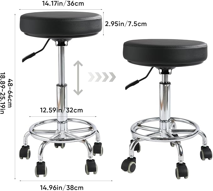 Adjustable Rolling Stool with Wheels - Ergonomic Salon & Tattoo Artist Chair, Office Stool with Comfortable PU Leather Seat,Black