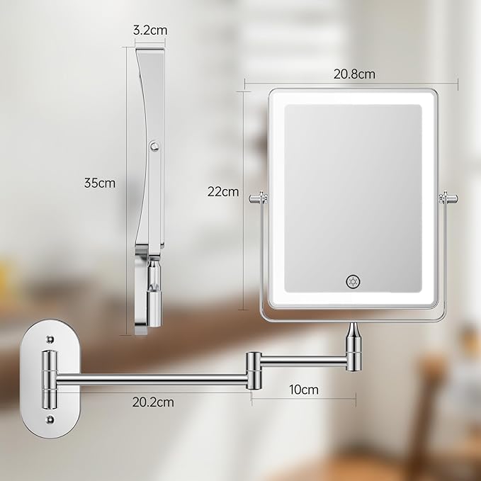 FASCINATE Rechargeable Wall Mounted Makeup Mirror, Bathroom Mirror Rectangle 8.7 Inch Double Sided 1X 10X Magnifying, 3 Color Setting, Extended Arm 360° Swivel Foldable Chrome