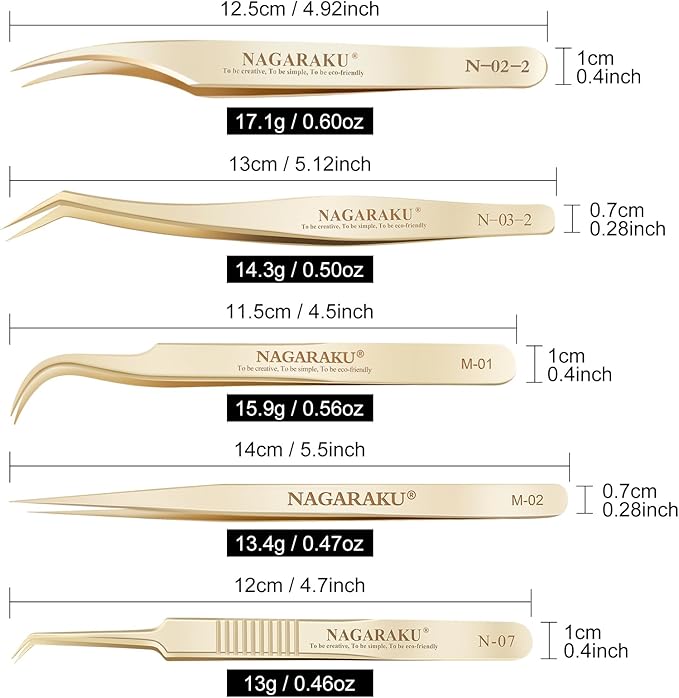 NAGARAKU 5 PCS Tweezers for Eyelash Extensions Straight and Curved Precision Professional Tweezer for Lash Extensions Volume Easy Fanning lash Precise Point with Storage Case Bag