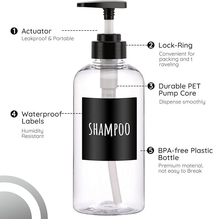Shampoo Bottles with Labels, Segbeauty 3pcs 16.9oz/500ml Plastic Pump Bottle Dispenser, Empty Refillable Shower Lotion Body Soap Shampoo Conditioner Press Dispenser for Hotel Bathroom Kitchen Clear