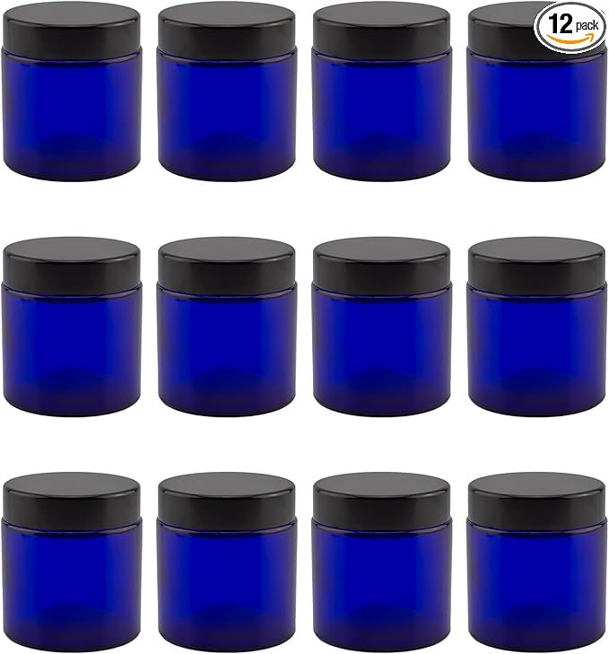 4-Ounce Cobalt Blue Glass Straight Sided Cosmetic Jars (12-Pack); 120 ml. Capacity, BPA-Free Lids