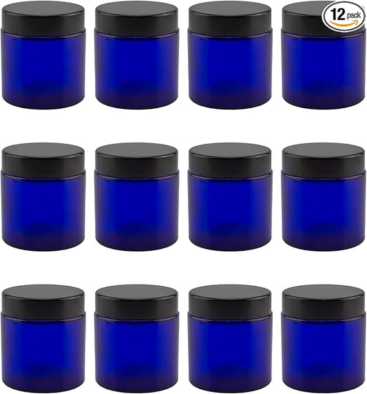 4-Ounce Cobalt Blue Glass Straight Sided Cosmetic Jars (12-Pack); 120 ml. Capacity, BPA-Free Lids