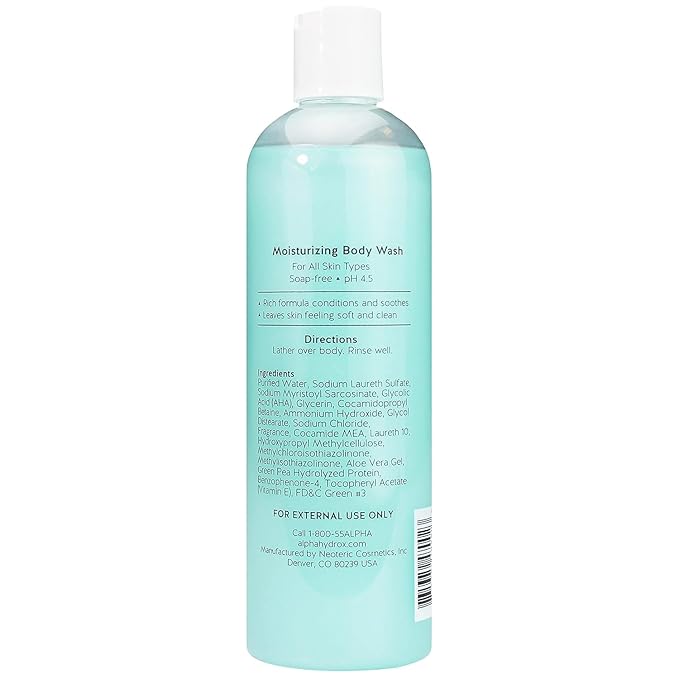 Alpha Skin Care Moisturizing Body Wash, Gentle Soap-Free Anti-Aging Formula, Glycolic AHA, Vitamin E & Aloe Vera, Conditions & Soothes, All Skin Types Hydroxy Acid, 12 Oz, Pack of 2