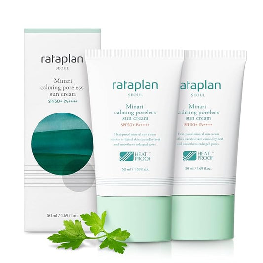 Rataplan Minari Calming Poreless Sun Cream SPF 50+ PA++++ (2 Pack)- Mineral Sunscreen, Korean Sunscreen for Oily Skin, Pore Minimizer for Face, Reef Safe, Korean Skincare