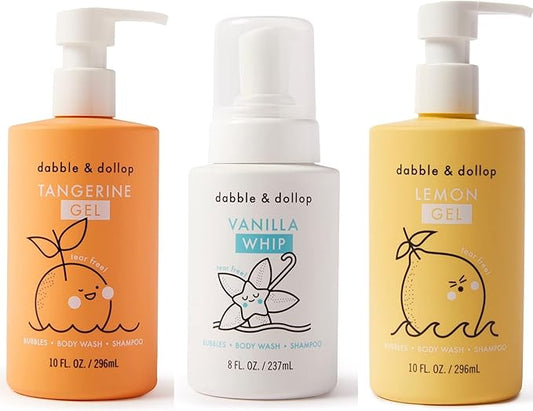 Dabble & Dollop Citrus Kiss Bundle, Natural Bubble Bath, Body Wash & Shampoo for Kids, USA-made, Paraben & Sulfate Free, Vegan, Gluten-Free, Tear-Free, Tangerine, Vanilla, Lemon (Set of 3)