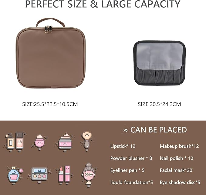 Travel Makeup Bag with LED Lighted Mirror,Cosmetics Organizer, Makeup Bag with 3 Color Lighted Setting, Portable Storage and Adjustable Dividers Travel Makeup Bag(Mocha)