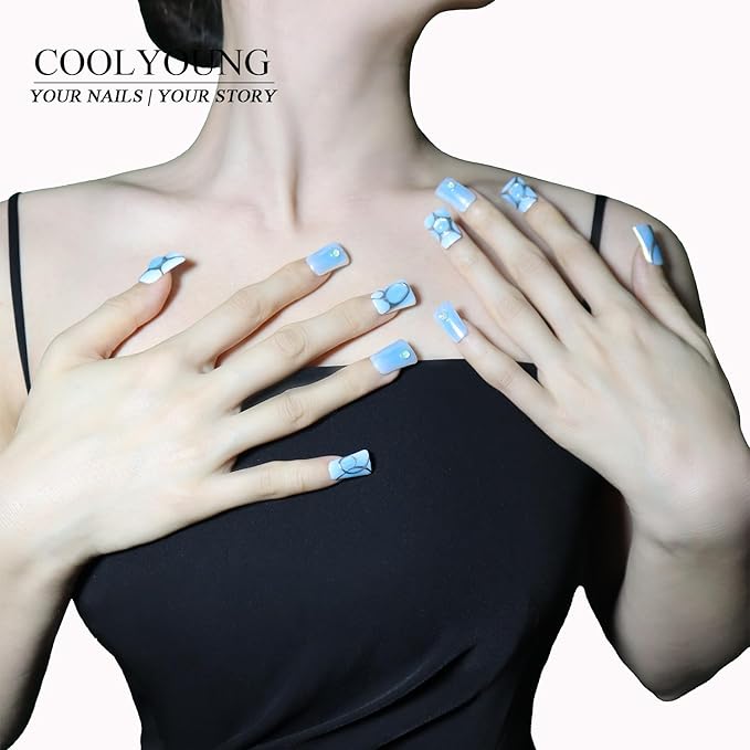 Handmade Press on Nails Gifts For Women COOLYOUNG Duck Nails Press on Include 1 Storage Pouch 1 Gift Box 48 Nail Glue Stickers 10Pcs 3d Press on Nails (L)