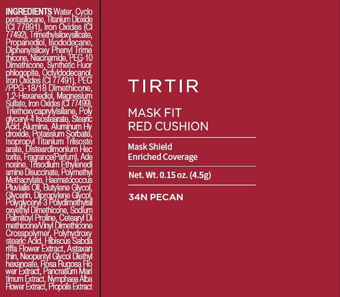 TIRTIR Mask Fit Red Cushion Foundation | Full coverage, Weightless, Skin fit, Satin Glow Finish, Korean Makeup Cushion Foundation (#34N Pecan, 0.63 Fl Oz)