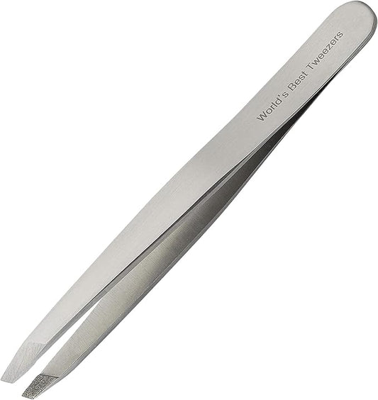 World's Best Tweezers Diamond Tip - Diamond Coated Slant Precision Tweezer for Eyebrow, Facial & Ingrown Hair Removal - Suitably Aligned Stainless Steel Tool Grabs Hair from the Root