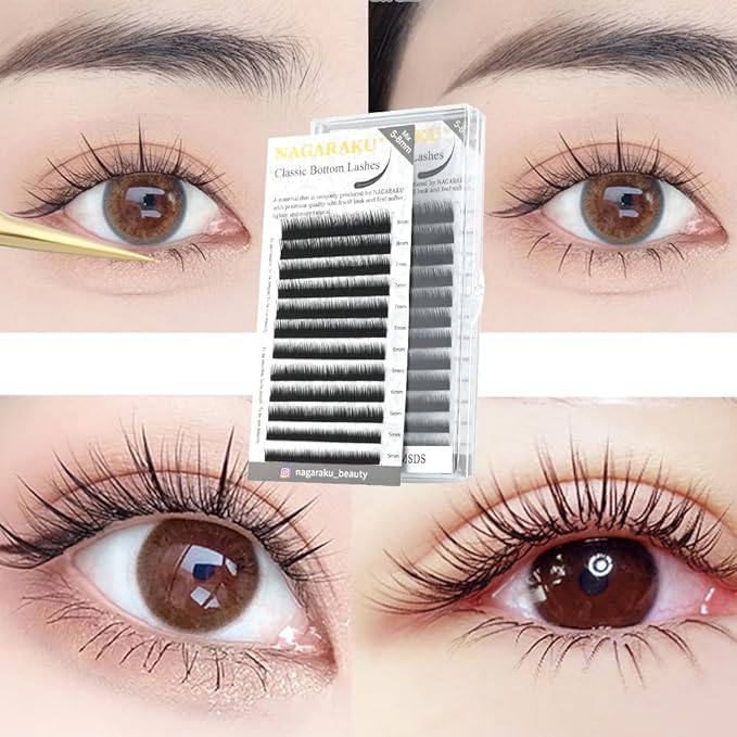 NAGARAKU Bottom Eyelash Extensions Individual Lashes Classic Single Matte Black Soft Natural Faux Mink False Lashes 12 rows (0.10mm J curl 5-8mm Mix Tray)