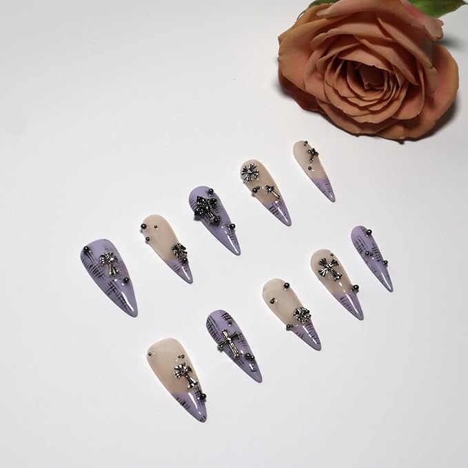 Handmade Nails, Purple Nails, Y2K Press On Nails, French Tip Press On Nails, Press On Nails With Charms, Thick Press On Nails, Press On Nails Stiletto, Women Gifts, COOLYOUNG Nails, 10 PCS, Size M