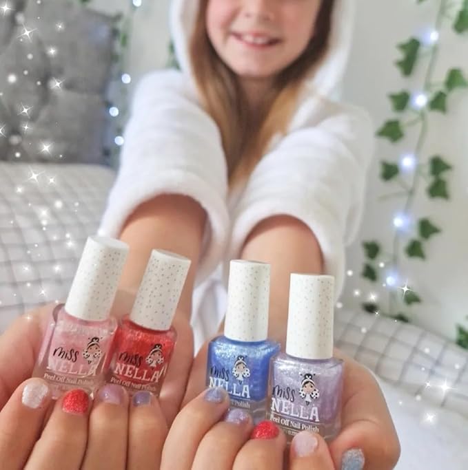 MISS NELLA SAFARI COLLECTION Glitter Nail Polish for kids, set of 4 glitter varnishes: pink, red, purple & blue, Peel- Off varnish for toddlers