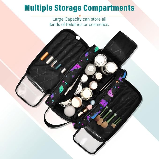MNSRUU Luminous Bats Makeup Bag - Large Capacity Cosmetic Organizer, Portable Toiletry Bag for Travel Size