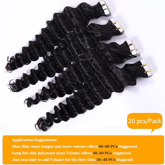 24Inch Curly Tape In Hair Extensions Long Wavy Human Hair Natural Seamless Skin Weft Invisible Hair Extensions Double Side Deep Wave Glue in Extension 50G 20PCS/Pack 40-60PCS Suggested for Full Head