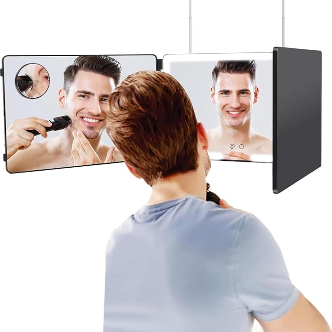 JANMPASK LED 3 Way Mirror for Hair Cutting, Adjustable 360 Trifold Barber Mirror Self Hair Cutting with 3 Color Temps LED Light & Telescoping Hooks for Makeup, Shaving & Styling