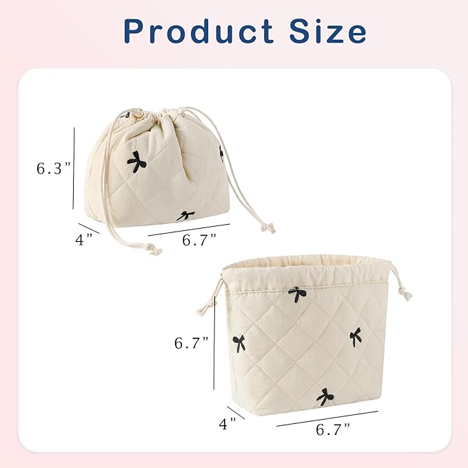 Cotton Quilted Drawstring Makeup Bag with Canvas Lining,Coquette Aesthetic Cute Travel Toiletry Bag,Drawstring Gift Bag for Women and Girls（05Beige Bows）