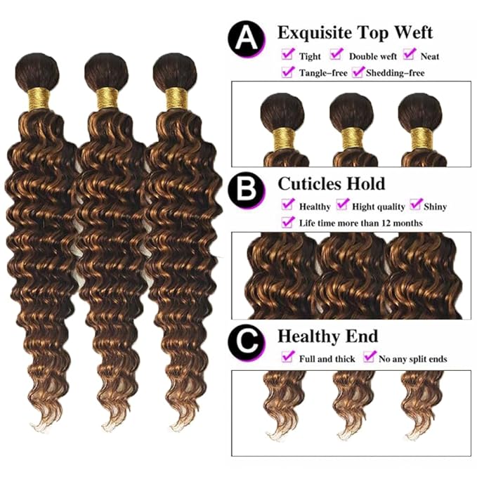 Light Brown Bundles P1B30 Loose Deep Water Wave Bundles Two Tone Black to Light Brown With Highlights Brazilian Human Hair Weave Soft and Silky for Women 24 26 28 Inch