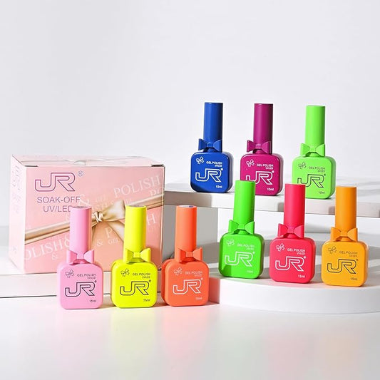 JR 9Colors 0.5oz Neon Gel Nail Polish Set Including Red Pink Nude Blue Orange Gel Polish Kit UV Light Soak Off Polish Home DIY Gift F