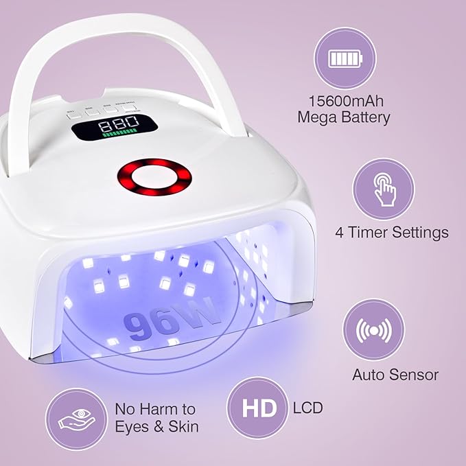 Cordless UV Nail Lamp, 96W Rechargeable Gel Nail Polish Dryer, Wireless UV LED Nail Cure Lamp, UV Light with Auto Sensor & Detachable Metal Base