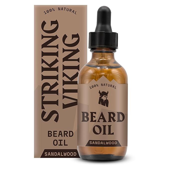Striking Viking Beard Oil for Men - 2 Fl Oz, Sandalwood Scent - Naturally Derived Conditioner with Almond, Tea Tree, Argan & Jojoba Oil for Beard Growth, Softening & Moisturizing