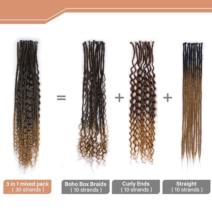 24 Inch 30 Strands SE Dreadlock Extensions Sets，3 In 1 Mixed Synthetic Dreads Extensions, Ombre Deep Brown Straight&Curly&Boho Handmade Dreads Hippie Style Dreadlocks for Woman