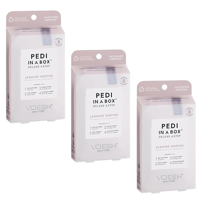 VOESH Pedi in a Box 4 Step Jasmine Soothe - 3 Pack, Home Pedicure Kit, Pedicure Supplies, Pedi Kit, DIY Pedi, Foot Treatment, Spa Pedicure, Foot Spa