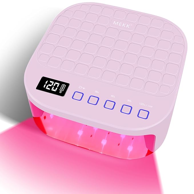 MEKK Cordless UV LED Nail Lamp,54W UV Light for Gel Nails with Hand-Friendly Red Light Beads,Auto Sensor & 4 Timer Settings Professional Flash Cure Lamp for Salon and Home,Checkered Design-Pink