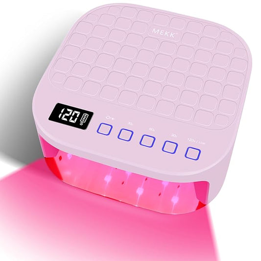 MEKK Cordless UV LED Nail Lamp,54W UV Light for Gel Nails with Hand-Friendly Red Light Beads,Auto Sensor & 4 Timer Settings Professional Flash Cure Lamp for Salon and Home,Checkered Design-Pink