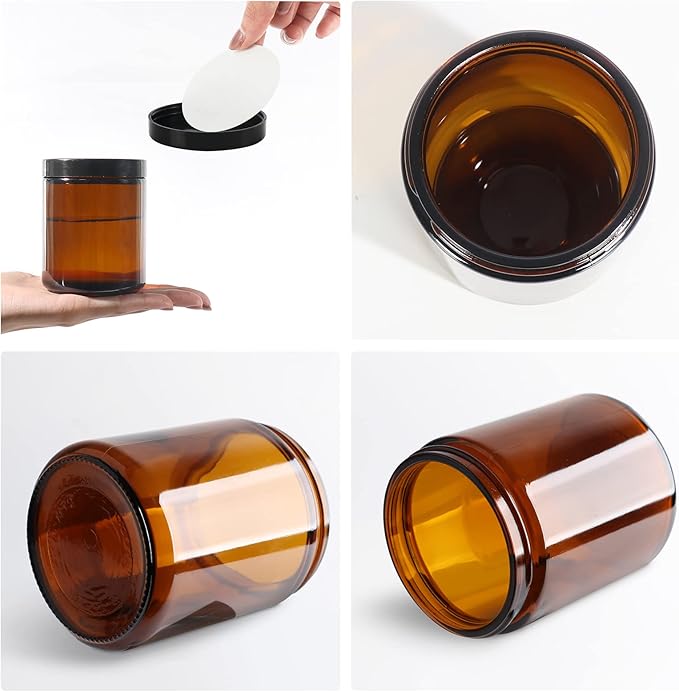 EkkoVla 24 Pack 8 oz Amber Round Glass Jars with 24 Black Lids, Candle Making Jar, Empty Refillable Cosmetic Containers for Lotions, Face Creams, Body Butter, Powders, Ointments, Beauty Products