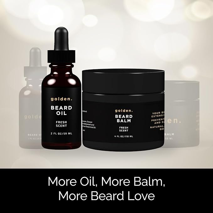Golden Grooming Beard Oil & Balm Bundle for Men | Natural Growth Kit with Shea Butter | 4oz Balm & 2oz Oil | Fresh Scent