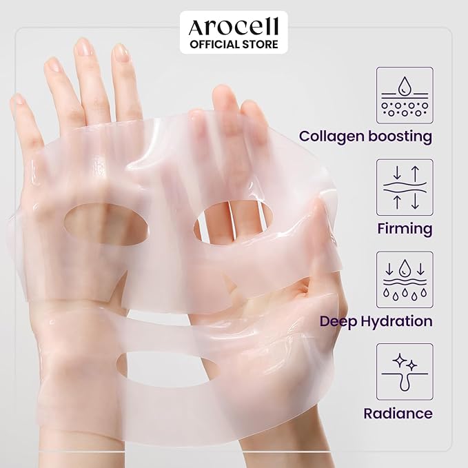 AROCELL Super Collagen Mask 12 Facial Sheet Dual Matrix Hydrogel Masks with Low Molecular Weight Collagen for Elasticity Hydrating Anti-Aging Cooling Korean Skincare, 43g x 12ea