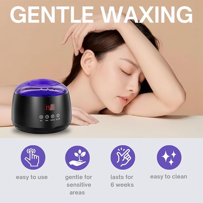 Gentle Waxing Kit -Hard Wax Kit for Hair Removal with Silicone Bowl,4 Bags Hard Wax Beads and Aloe vera gel - at Home Use Wax Warmer for Full Body, Bikini, Eyebrow, Face, Sensitive Skin（Black）