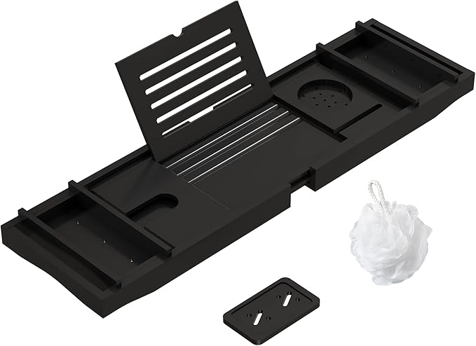 Bamboo Bathtub Tray for Luxury Bathroom, Expandable Premium Bath Tray w/Soap Towel Book Holder, Adjustable Bath Accessories for Tub,Extendable Tub Tray with Wine Glass Cup Organizer 29.5"-43.3" Black