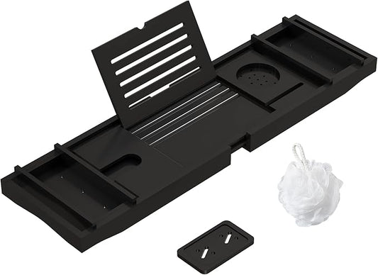 Bamboo Bathtub Tray for Luxury Bathroom, Expandable Premium Bath Tray w/Soap Towel Book Holder, Adjustable Bath Accessories for Tub,Extendable Tub Tray with Wine Glass Cup Organizer 29.5"-43.3" Black