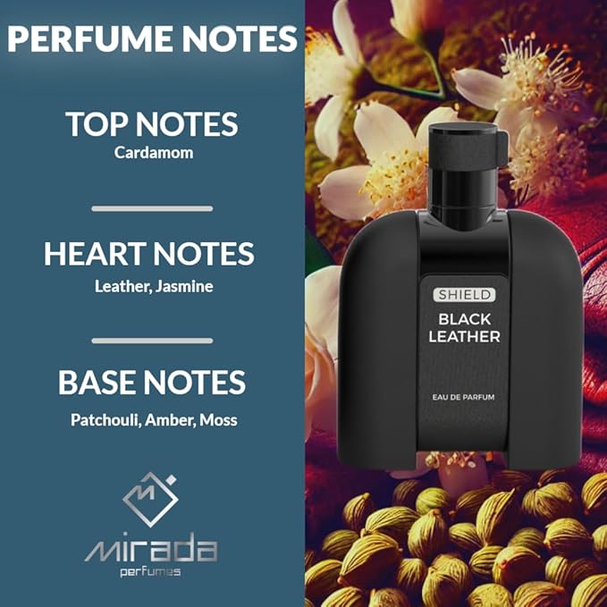 Shield Black Leather, Men's Eau de Parfum (EDP) 3.4 FL. Oz (100ml), Men’s Perfume with Notes of Cardamom, Leather, Jasmine, Patchouli, Amber and Moss