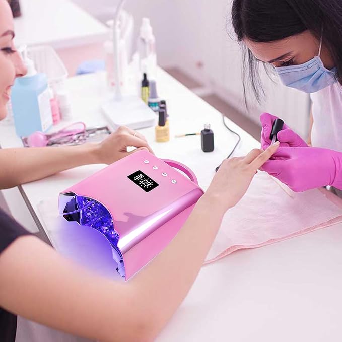 Professional UV LED Nail Lamp, Cordless Rechargeable UV Light for Gel Nails, 78W Fast Curing Gel Nail Light with 4 Timer Setting LCD Display, Auto Sensor and Spacious Interior(Metallic Pink)
