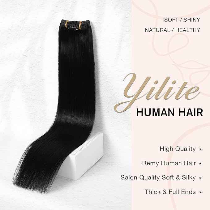 YILITE Clip In Hair Extensions Human Hair Jet Black 14Inch 70g 7pcs seamless Clip ins Solid Black Hair Extensions for women Clip in Hair Extensions Remy Hair Double Weft