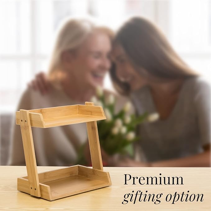 GOBAM Bamboo Makeup & Countertop Organizer, Small - 2 Layer Cosmetics, Lipsticks, Jewelry, Brushes, Hair Accessories & Perfume Organizer for Dresser, Easy Assembly - Natural