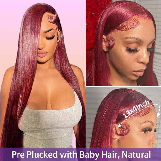 99j Burgundy Lace Front Wigs Human Hair Pre Plucked 180% Density 13x4 Straight hd Lace Frontal Wig with Baby Hair Human Hair Wigs for Women Red Wig 26inch