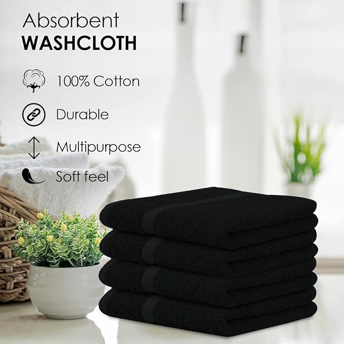 Avalon Towels Cotton Washcloths – (Pack of 48) Size 12x12 Inches, 100% Ring Spun Cotton, Soft & Absorbent Face Towels, Gym Towels, Hotel and Spa Quality, Reusable Fingertip Towels (Black)