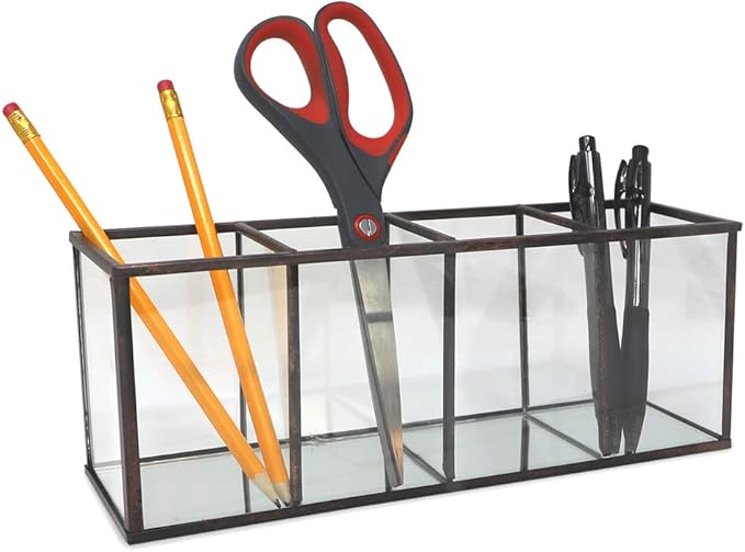 Isaac Jacobs 4-Compartment Organizer- Makeup Brush Holder- Vintage Style Brass and Glass Storage Solution with Mirror Base- Office, Bathroom, Kitchen Supplies and More (Antique Bronze)