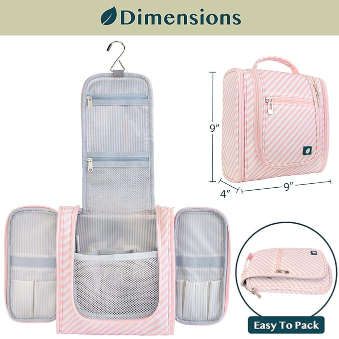 PAVILIA Toiletry Bag Travel Bag for Women Men, Hanging Cosmetic Organizer, Water Resistant Makeup Bag for Accessories Toiletries, Large Travel Essentials Kit (Pink Stripe)