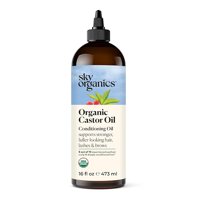 Sky Organics Organic Castor Oil, 100% Pure, Hexane Free, Cold-Pressed to Support Stronger, Fuller-Looking Hair, Eyelashes & Eyebrows,Good for Castor Packs, Navel Oiling, Carrier Oil Use, 16 fl oz