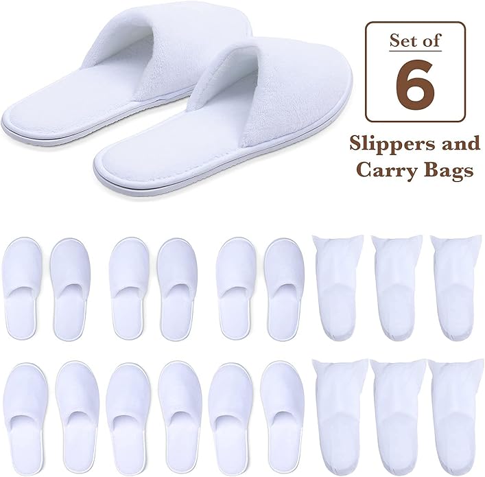 Spa Slippers, Disposable Slippers for Guests Bulk of 6 Pairs - Non-Slip Closed-Toe Premium White Spa Slippers Bulk with Travel Bags - Coral Fleece Hotel Slippers for Women and Men